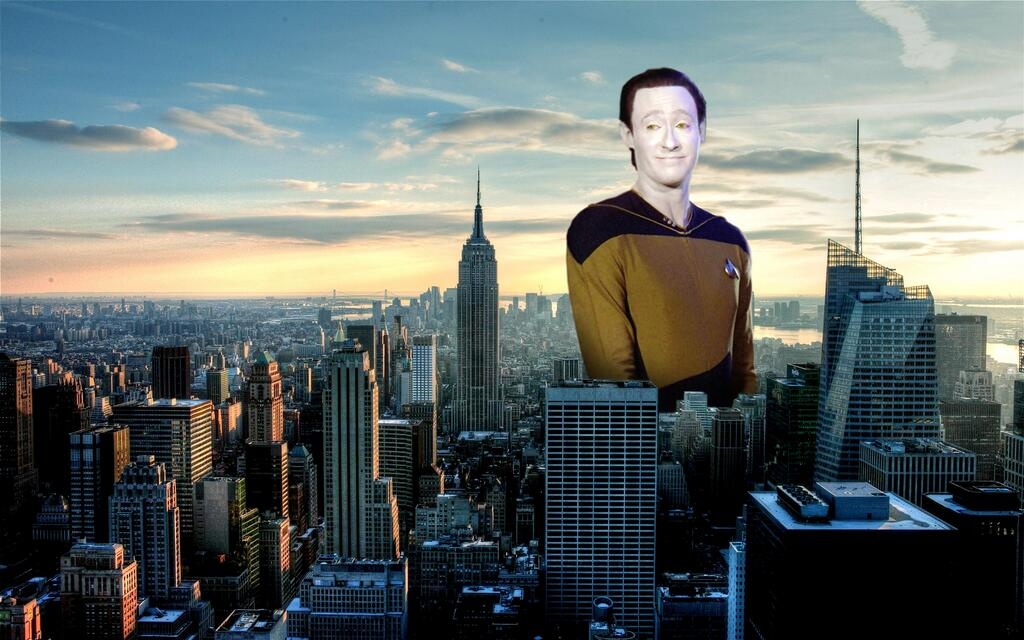 Image of "Data" from Star Trek The Next Generation looming over a city skyline