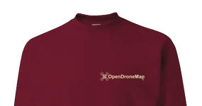 Red crewneck sweatshirt with gold OpenDroneMap logo on left of shirt, right of image